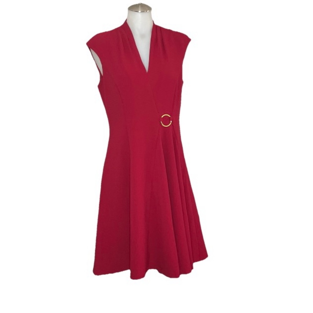 London Times Red A-Line Midi Dress V-Neck Sleeveless